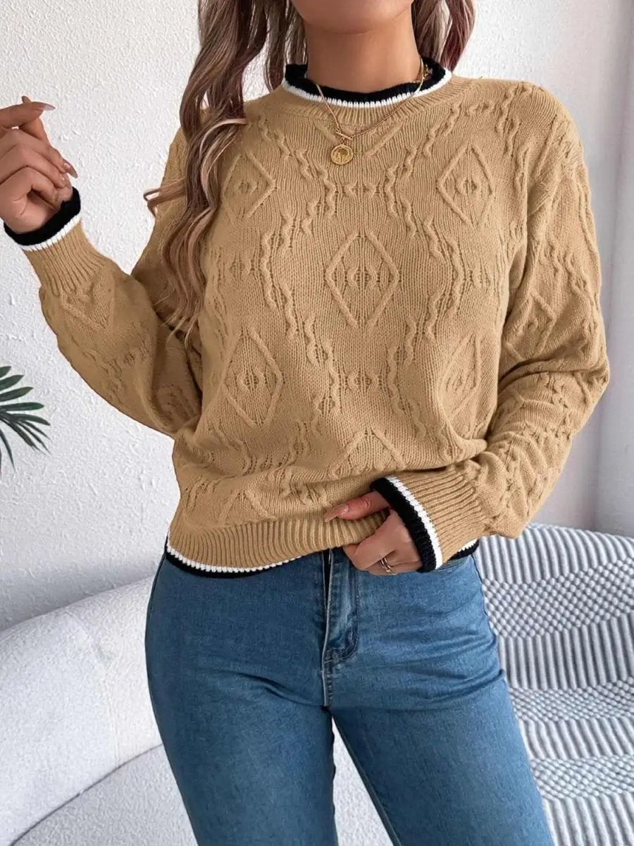 Contrast Trim Round Neck Long Sleeve Sweater - Love Salve